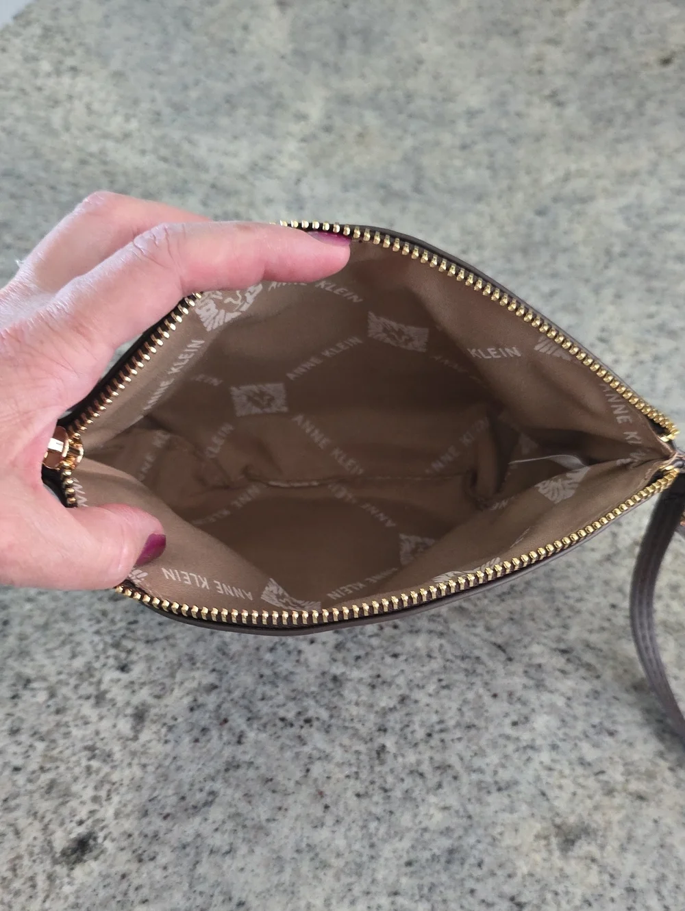 Anne Klein Chocolate Brown Faux Leather Wristlet Clutch with Gold Logo